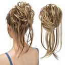 CJL HAIR Messy Bun Hair Piece Curly Hair Bun Extensions with Straight Tails Synthetic Hair Scrunchies Ponytail Hairpieces for Women Brunette/Butter Blonde
