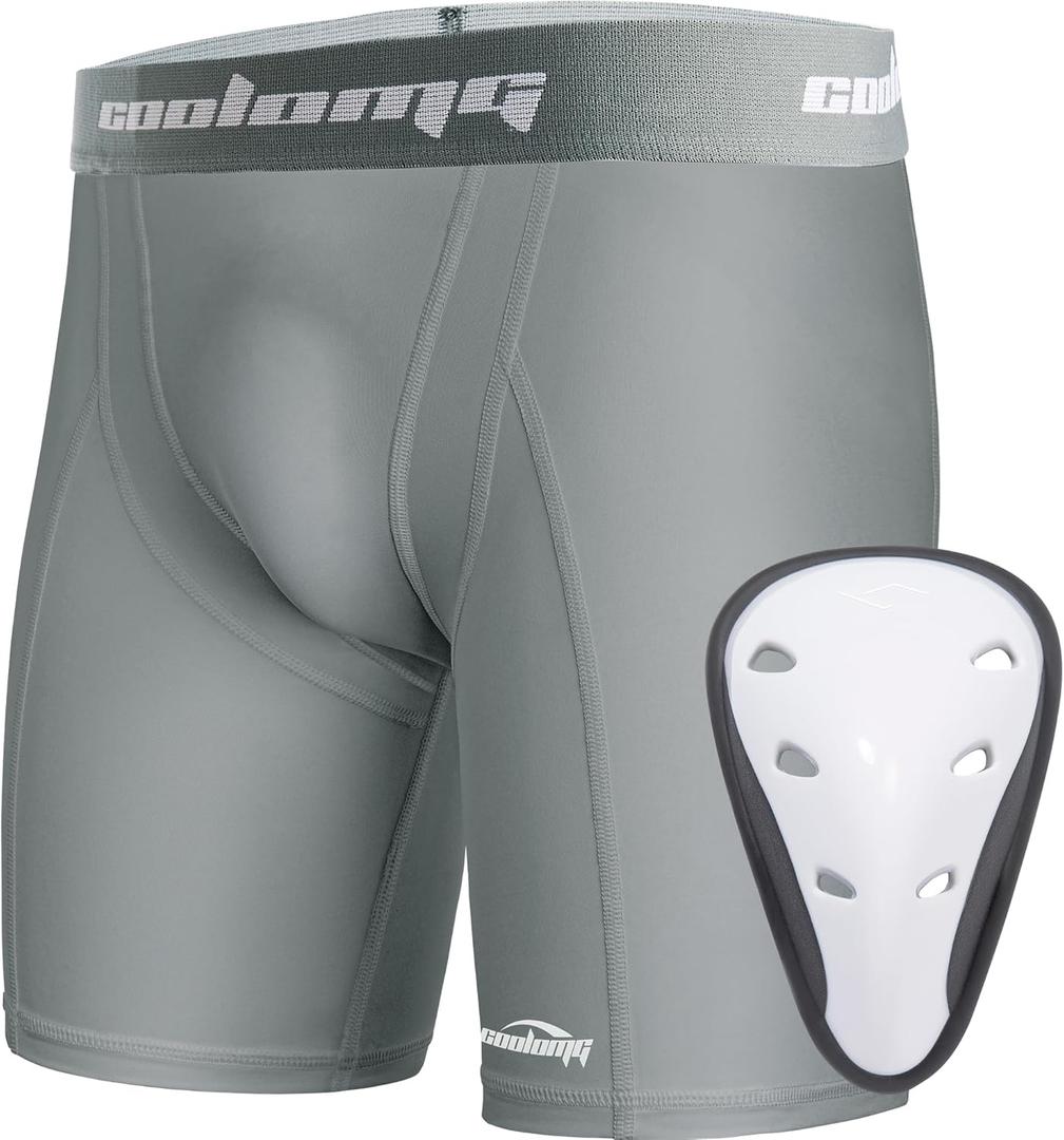 COOLOMG Youth Boys Compression Shorts with Protective Cup Athletic Sports Underwear for Baseball Football Lacrosse Hockey (Medium, Light Gray)