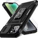 DEERLAMN Case for iPhone 13/iPhone 14 6.1-Inch with Slide Camera Cover+Screen Protector(2 Packs),Rotated Ring Kickstand Military Grade Shockproof Protective Cover-Black