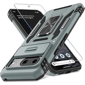 DEERLAMN Case for Google Pixel 8a with Slide Camera Cover+Screen Protector (1 Pack), Rotated Ring Kickstand Military Grade Shockproof Protective Cover - Grey