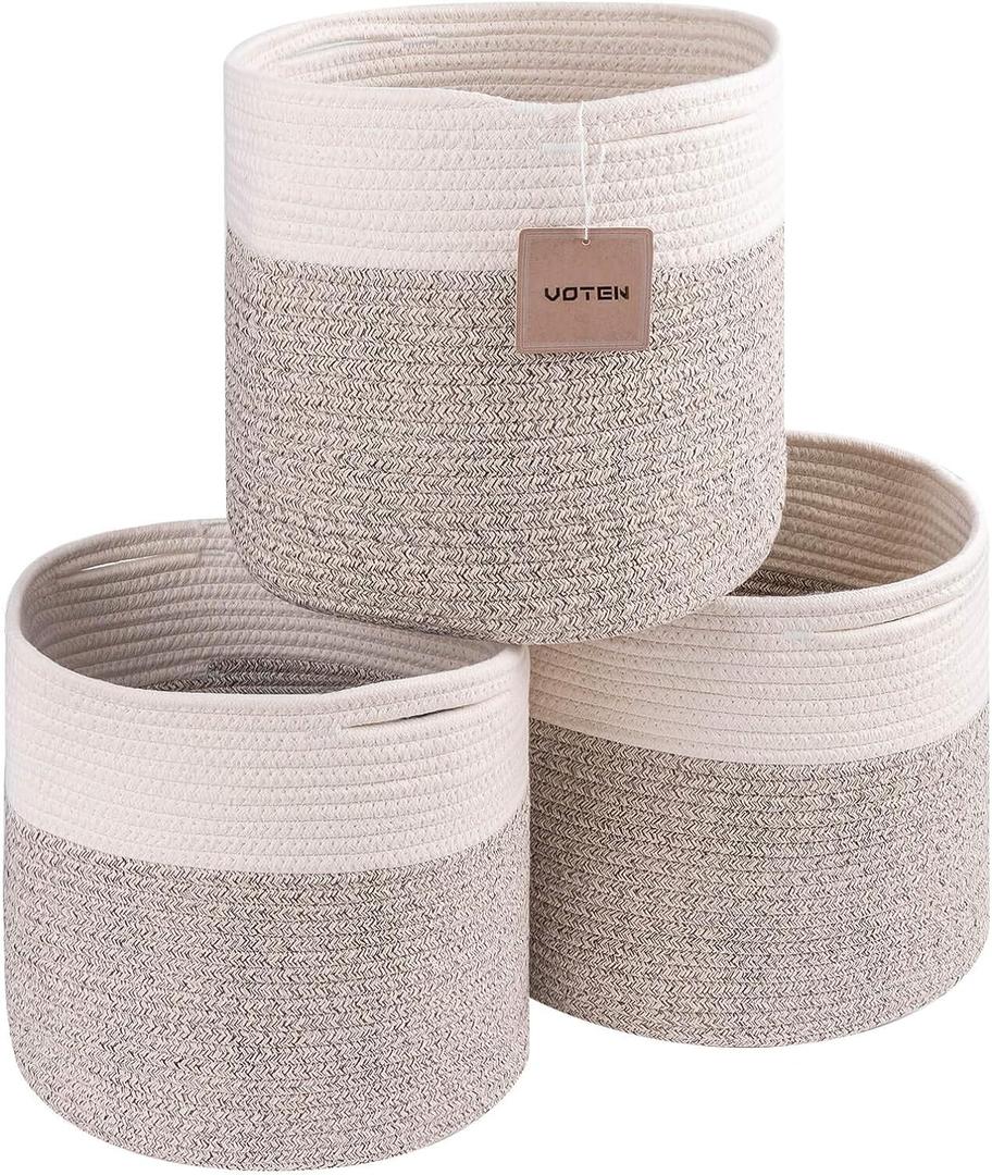 voten Storage Cubes Baskets Bins Organizer 11x11x11'' Fit 12x12''Cube Storage Organizer Bookcases Shelves,Durable Woven Cotton Storage Basket for Organizing,Round 3Pack Off White/Light Brown (L11xW11xH10.7)