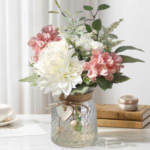 12" Artificial Silk Flowers with Glass Vase for Mom, Realistic Fake Flower Arrangement for Table Centerpiece, Boho Farmhouse Home Decor for Living Room, Kitchen, Office