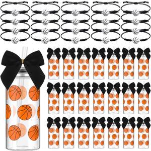 Skylety 20 Set Basketball Senior Night Party Favors 20 Pcs 13.5 oz Plastic Reusable Tumbler Cups with Lid and Straw 20 Pcs Bracelets for Basketball Team Senior Night Gifts Sports Party Decoration (Black)