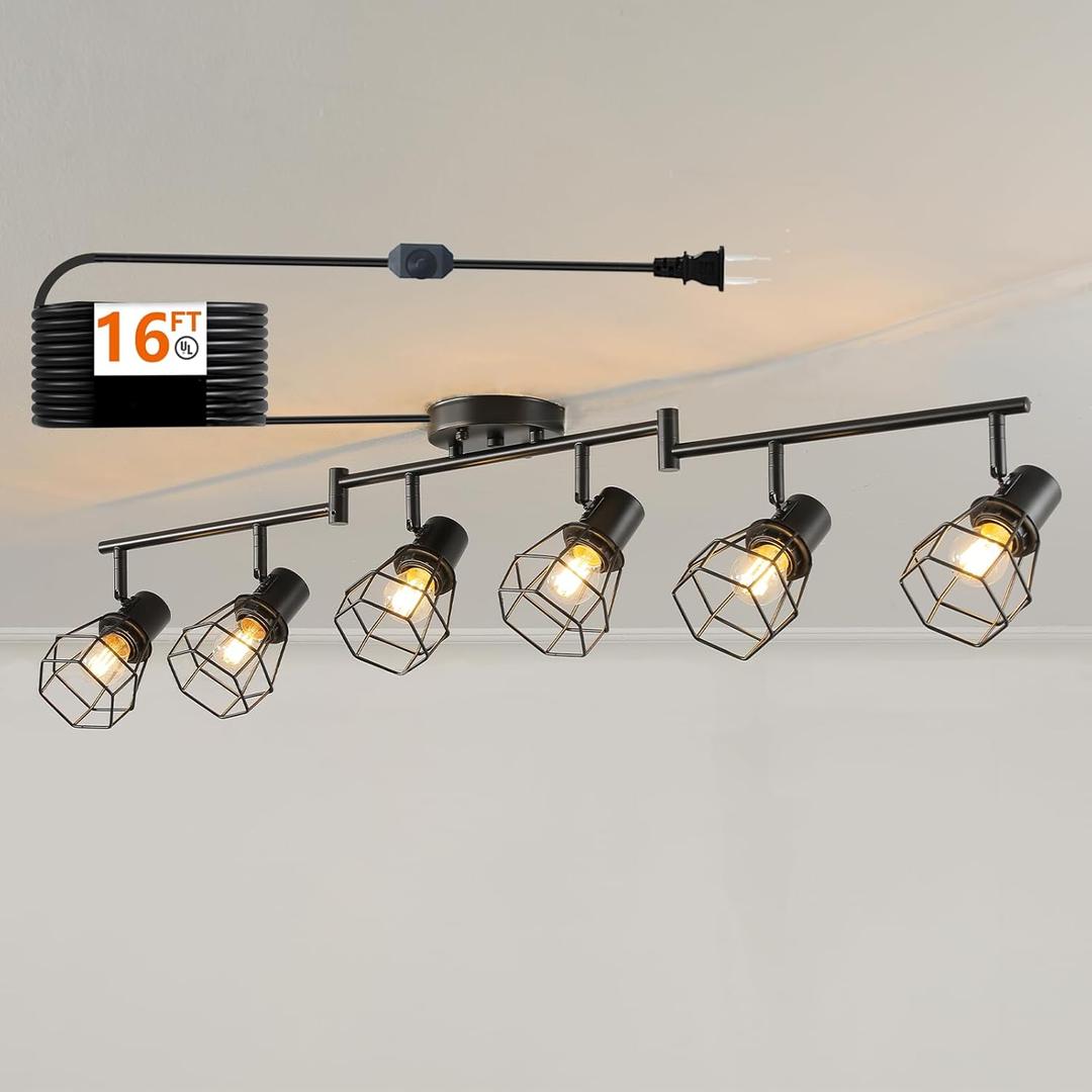 Dimmable Black 6 Light Plug in Ceiling Light,Plug in Track Lighting,16.5' Long Cord with On/Off Dimming Switch,Modern Track Lighting Fixture for Livingroom Bedroom Kitchen