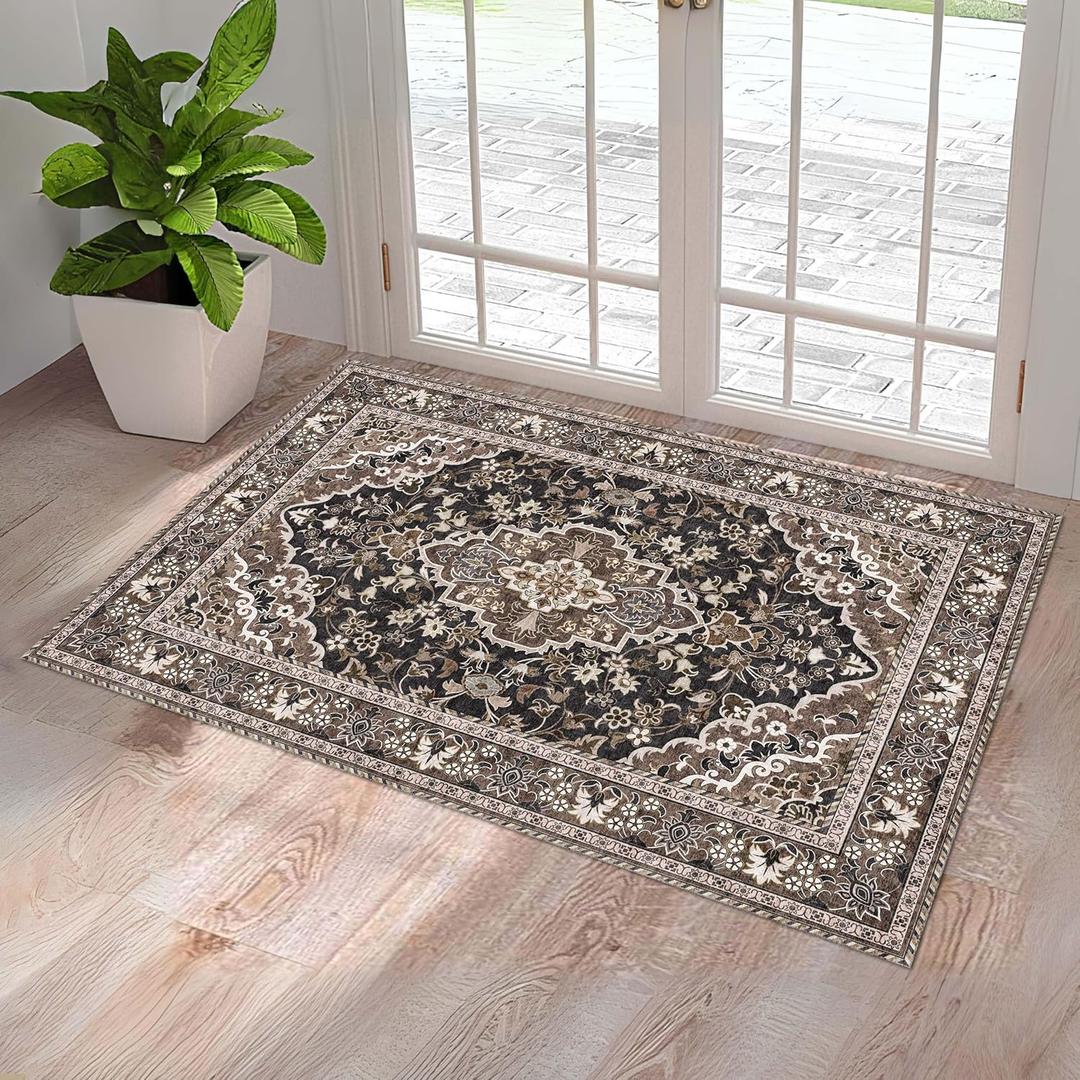 Washable Entryway Rug 2x3 | Non Slip Rug Runners for Hallways, Entryways, Kitchens, Bathrooms, Bedrooms | Ultra-Soft Flannel Carpet Kitchen Rug with Rubber Backing (Black Brown, 2x3) (2' x 3' (Rectangular))