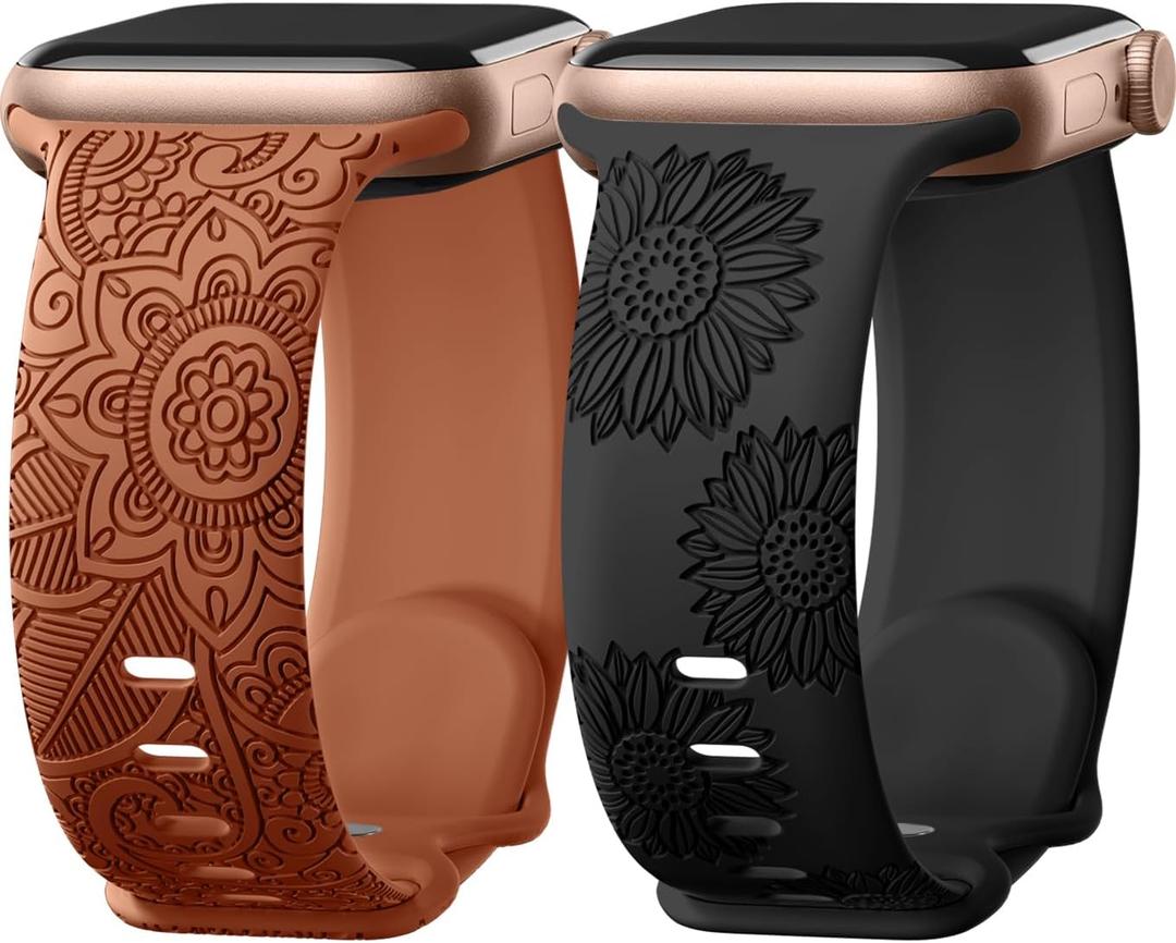 Odbeai Floral Engraved Band Compatible with Apple Watch Bands for Women 38mm 40mm 41mm 42mm 44mm 45mm 46mm 49mm,Soft Silicone Cute Sport Strap for iWatch Bands Women Series 11 10 9-1 SE Ultra1/2/3 (A-Caramel+Black)