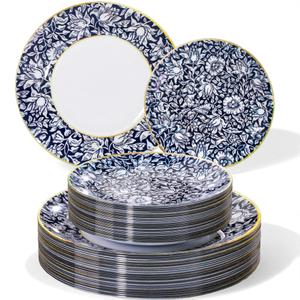 Hioasis 60pcs Plastic Disposable Plates Set - Blue & White Floral Pattern with Gold Rim, 10.25 Dinner & 7.5 Dessert Plates for Wedding,Anniversary,Party and Holiday