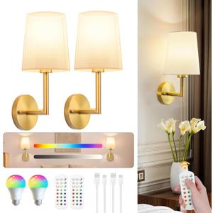 JKEYES Battery Operated Wall Sconces Set of Two, Gold Cordless Wall Sconce with 10000mAh RGB Dimmable Detachable Rechargeable Bulbs, 12 Colors Sconces Wall Decor for Bedroom Living Room Hallway