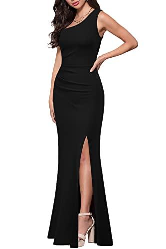 MUSHARE Women's One Shoulder Sleeveless Bodycon Mermaid high Split Cocktail Long Formal Dress Black,L
