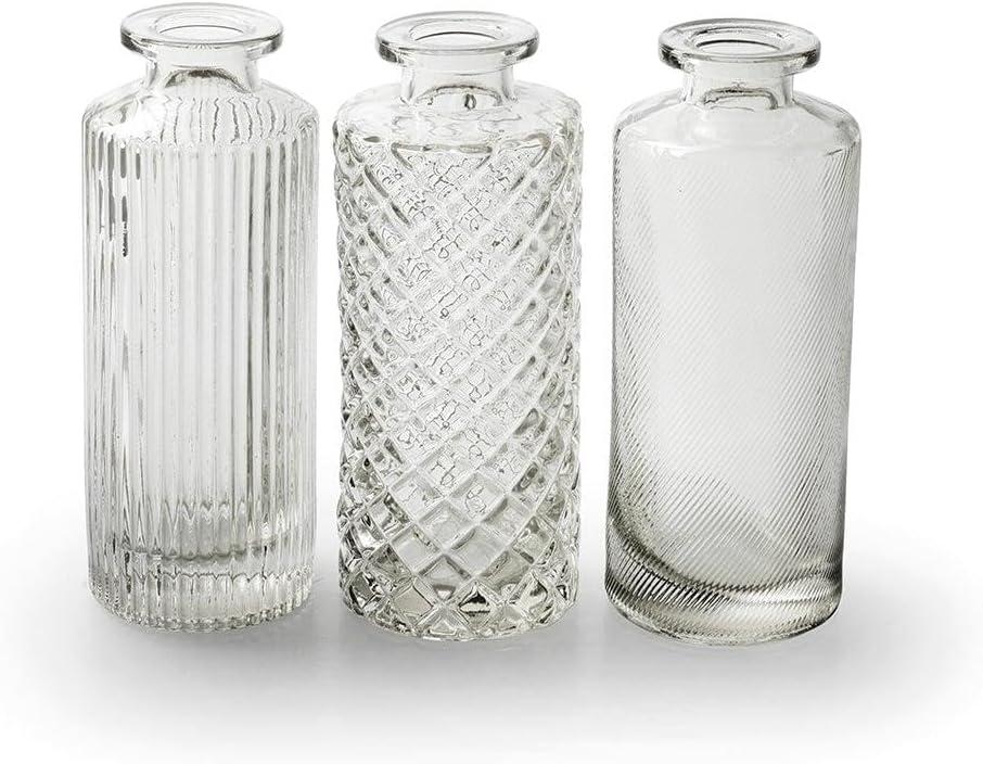 Clear Glass Bottle Vase 3 Designs: Ribbed, Striped or Textured, Mini Glass Bottle Vase, Small Stem Bud Vase, Wedding Flower Display Centerpiece, Alanis (Striped) Set of 12 