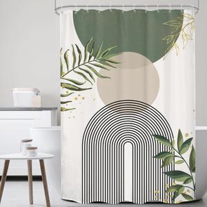 Small Stall Green Boho Shower Curtain 54Wx78H Rv Modern Bohemian Abstract Sage Green Gold Leaves Plant Minimalist Narrow Half Bathroom Decor Geometric Bath Curtain Fabric Polyester 12 Pack Hook