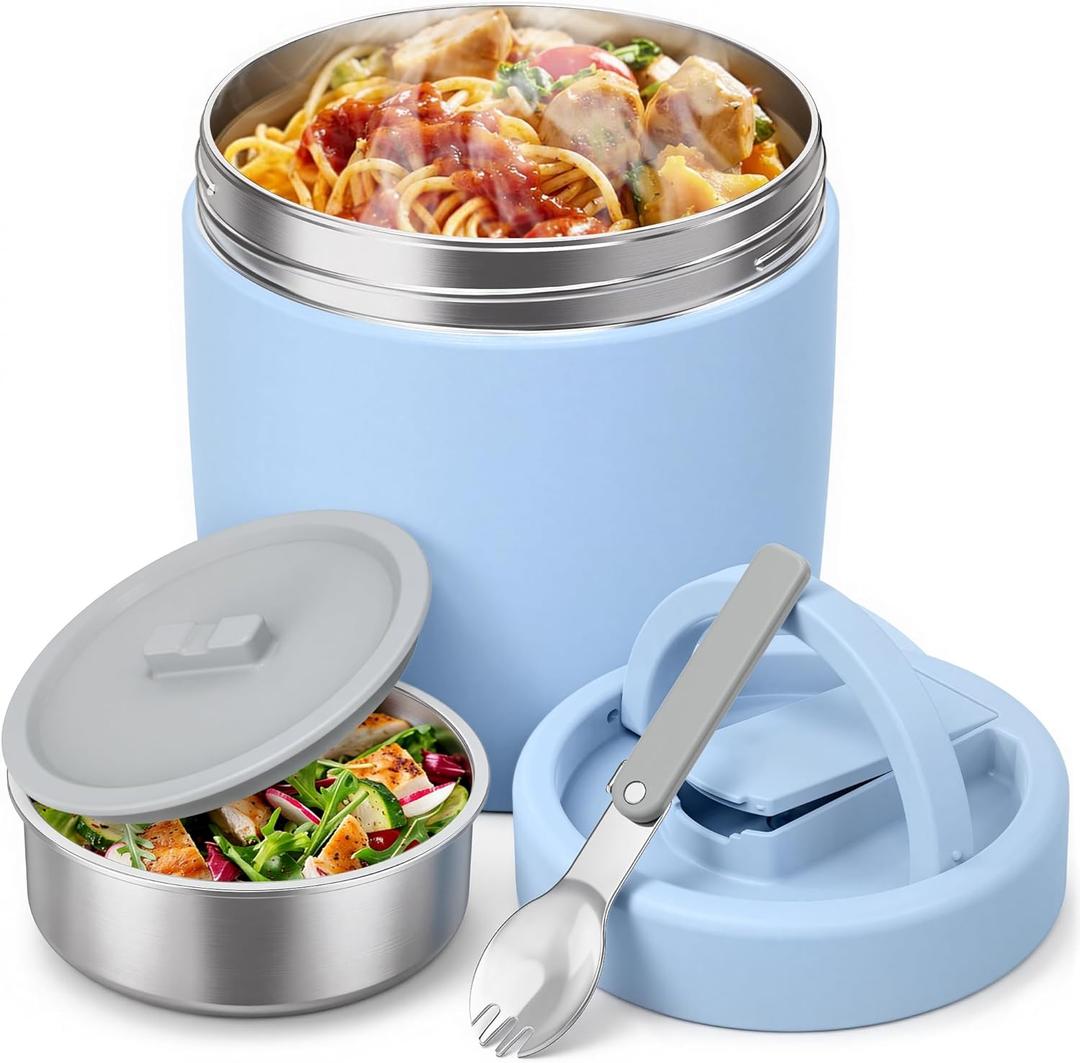 HOMEKOL Thermo for Hot Food Soup: 40.5 oz Insulated Lunch Container for Adults, Stainless Steel Thermal Jar with 12oz Inner Jar, Wide Mouth Leakproof Easy-Open Lid with Foldable Spoon & Handle, Blue