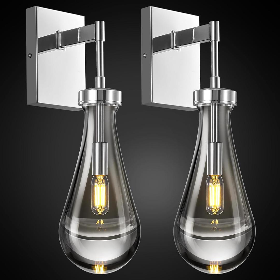 Raindrop Wall Sconces Set of Two Chrome Sconces Wall Decor Modern Wall Lighting Glass Bathroom Sconces Indoor Vanity Light Wall Lamp for Bedroom Living Room Stair (2Pack)