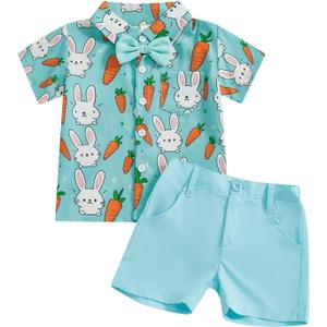 Ledy Champswiin Toddler Boy Easter Outfit Short Sleeve Button Down Shirt Summer Baby Boy Clothes Cute Shorts Set (3-4T, Blue Rabbit)