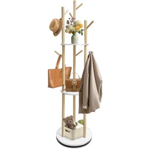LIWSHWZ Rotary Coat Rack Freestanding,Solid Wood Coat Hanger Stand with 9 hooks & 3 Storage Shelves for Bedroom, Entryway, Livingroom