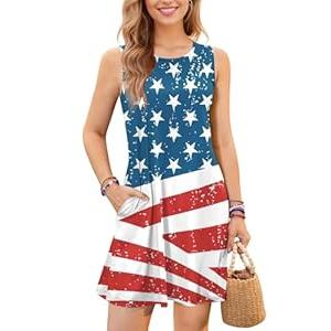 July 4th Star Striped Dress for Women Loose Swing Sleeveless Tank T Shirts Sundress American USA Flag 2XL