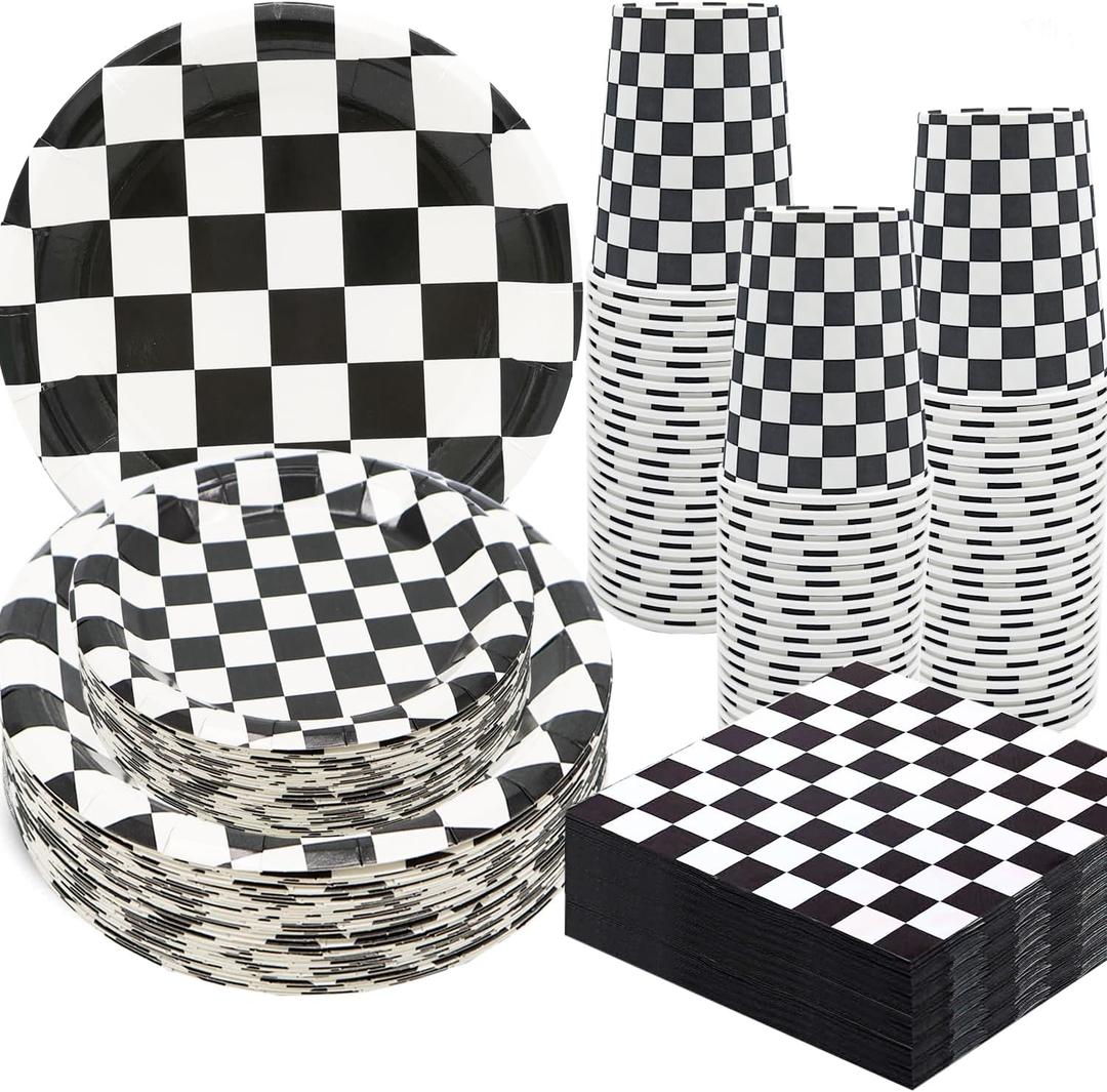 100Pcs Black and White Checkered Race Car Party Supplies,Racing Party Tableware Set 9"& 7"Checkered Plates and Checkered Flag Napkins Cups for Race Car Themed Racing Birthday Party Decorations