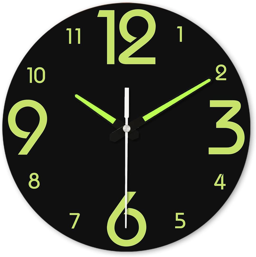 XFM Glow in The Dark Clock 16 Inch Modern Silent Non Ticking Luminous Wall Clocks Battery Operated Night Light Wooden Wall Clock for Living Room Kitchen Bedroom
