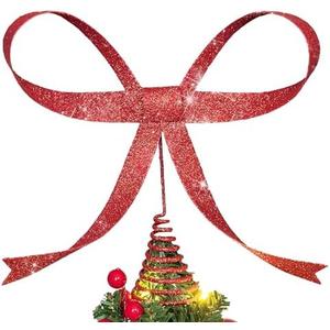 Large Metal Bow Christmas Tree Topper,9.4 Inch Glitter Red Tree Topper | Red Bow Christmas Tree Decorations for Xmas Home Decor Holiday Party Indoor Outdoor Shop Office
