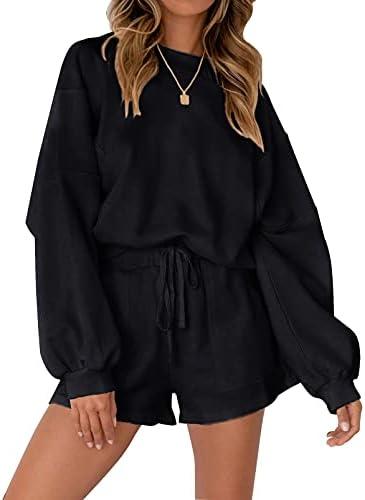 MEROKEETY Women\'s 2025 Fall Oversized Batwing Sleeve Lounge Sets Casual Top and Shorts 2 Piece Outfits Sweatsuit L