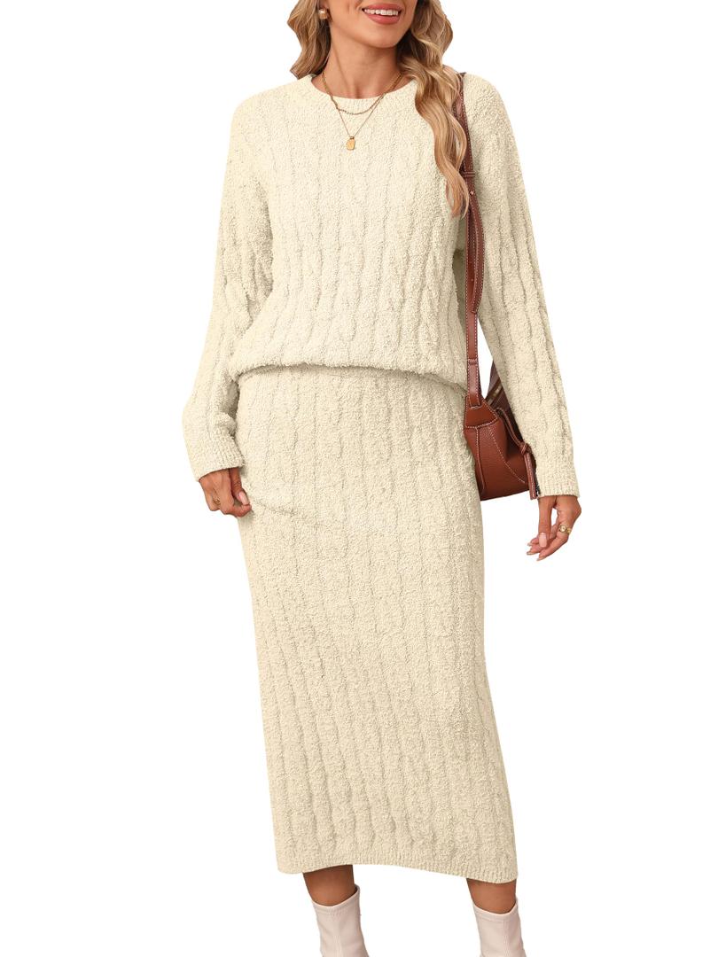 Women's 2 Piece Sweater Set Outfits Long Sleeve Pullover Top Bodycon Maxi Long Skirt Knit Dresses 2025 Fall, Apricot, Medium (Beige, M)