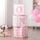 Weysat 3 Pcs First Birthday Decorations for Girl Pink Bow One Boxes for 1st Birthday Girl Coquette One Year Old Party Cardboard Box with Letters for Baby Shower Photoshoot Props Cake Smash Backdrop