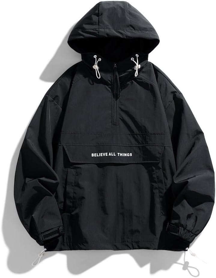 Men's Spring and Autumn pullover jacket with casual patchwork hooded drawstring jacket (Medium, Black)