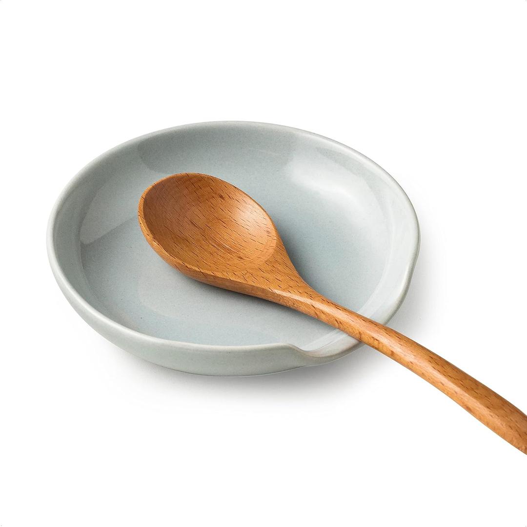 Miamolo Ceramic Spoon Rest for Kitchen Counter, Kitchen Spoon Holder for Stove Top, Cooking Utensil Rest with Drip Tray for Ladles Tongs Spatula, Dishwasher Safe, Light Gray