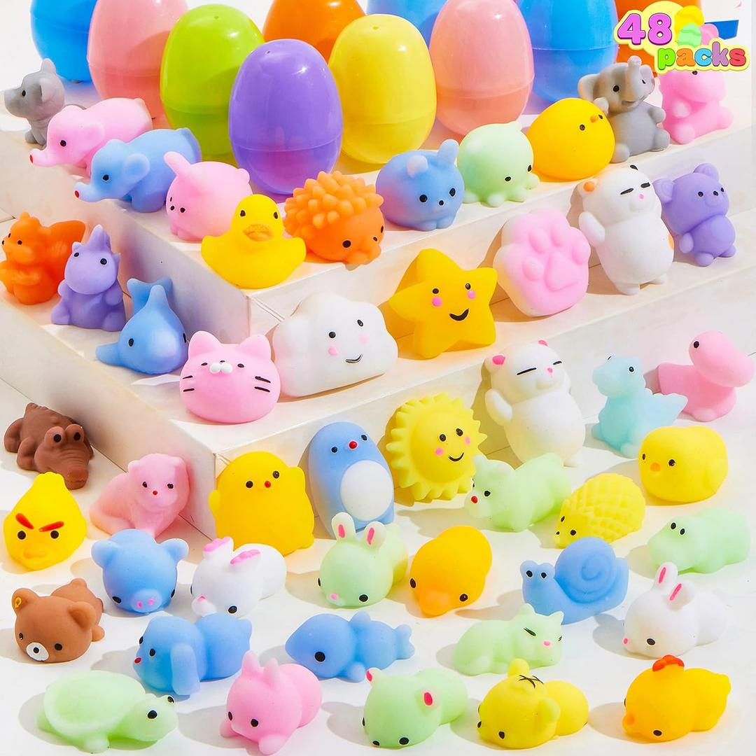 JOYIN 48 Pcs Easter Prefilled Eggs with Mochi Squishy Toys, Animal Stress Reliever Squishy Toy for Easter Egg Hunt, Kids Party Favor, Basket Stuffers, Goodie Bag Fillers, Classroom Prize Supplies