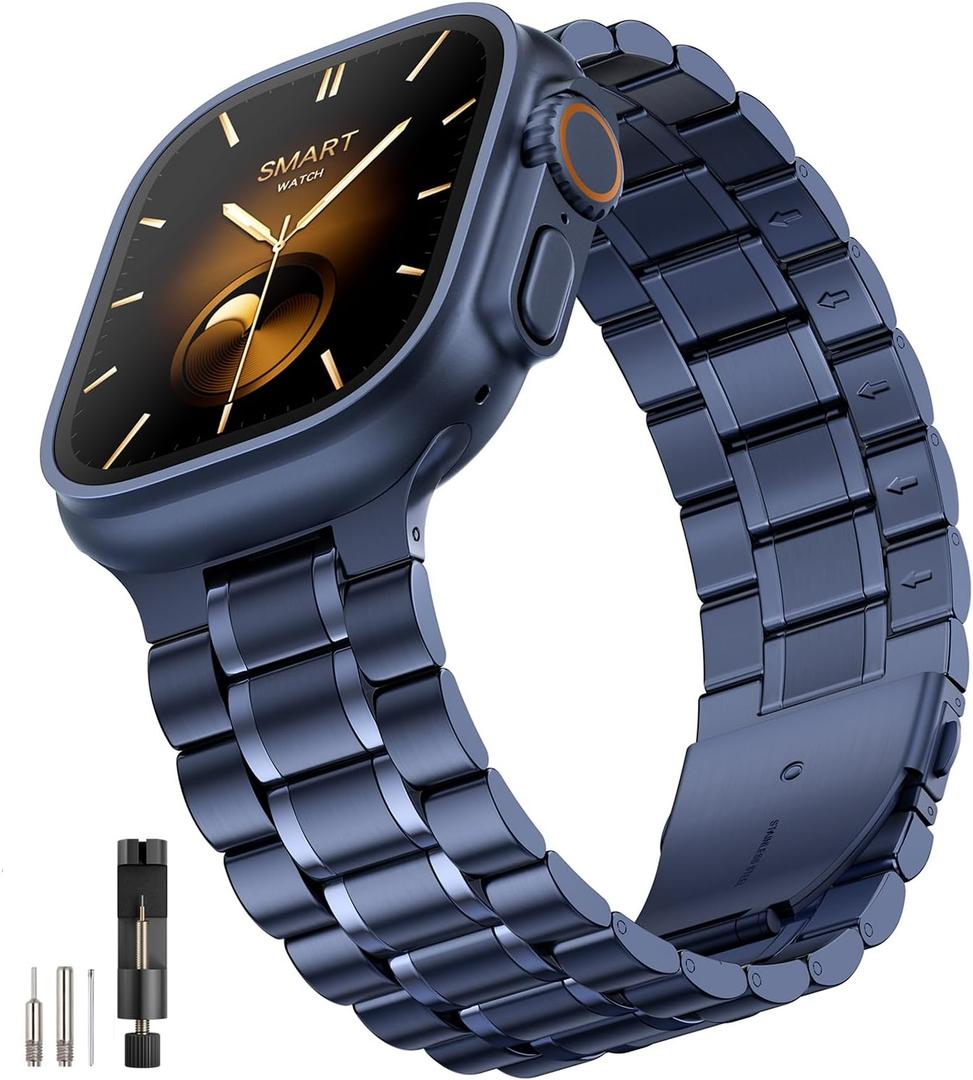 Bestig Compatible with Apple Watch Bands for Men Women 49mm 46mm 45mm 44mm 42mm(Series 3 2 1), Stainless Steel Metal Business Wristband Strap for iWatch Ultra Series 11 10 9 8 7 6 SE 5 4, Blue (Matte Blue/Polished Blue(No Case))