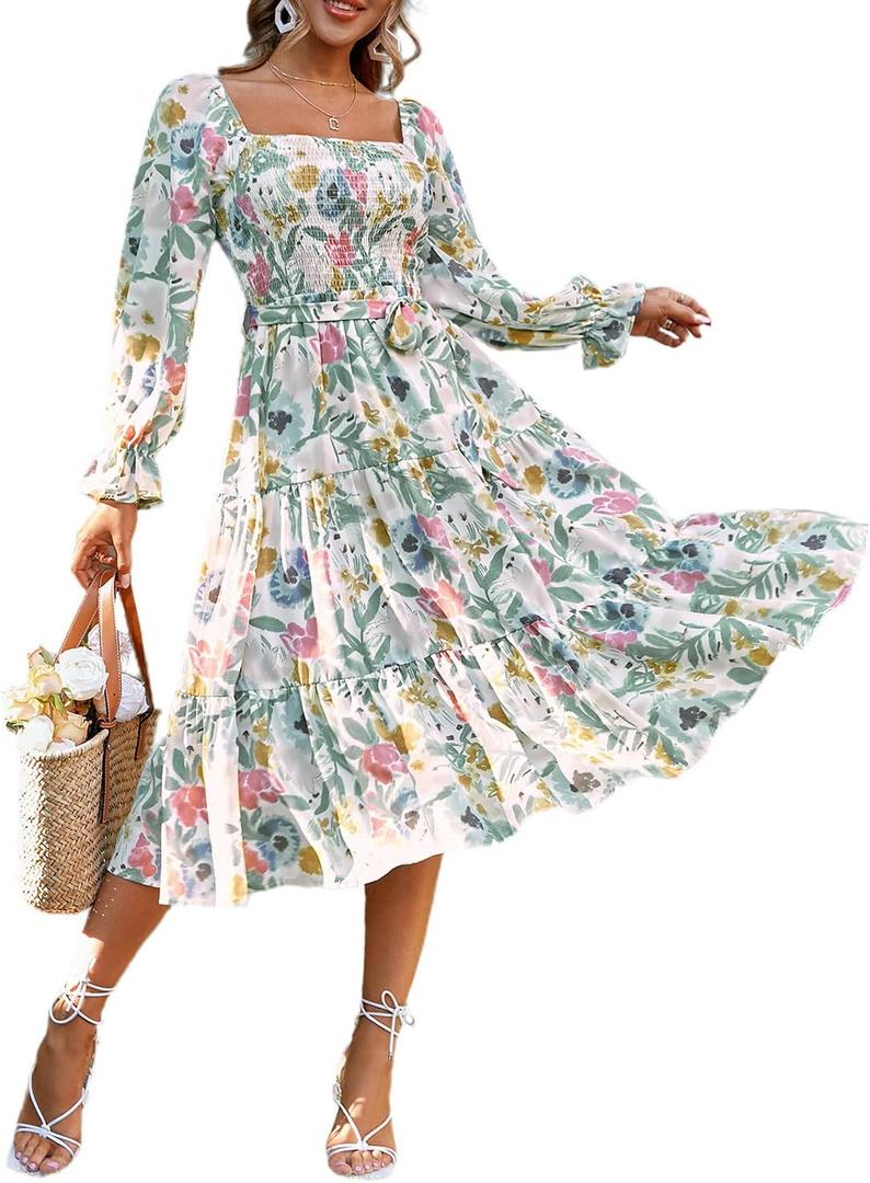 Amegoya Women's Boho Flowy Long Sleeve Square Neck Floral Midi Dress Smocked Spring Fall Wedding Guest Dresses (Medium)