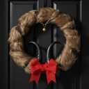 Yunlly 12 Inch Christmas Krampus Wreath Christmas Wreaths for Front Door Scary Horror Krampus Decorations with Horns Faux Fur Red Bow Bells Gothic Holiday Decor for Halloween Xmas Krampusnacht Party