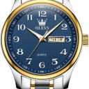 Men's Casual Stainless Steel Watch, Big Face Easy to Read Analog Quartz Watch with Day and Date, Classic Waterproof Diamond Roman Arabic Numerals Dial Dress Watch for Men, Gold Silver Black Band
