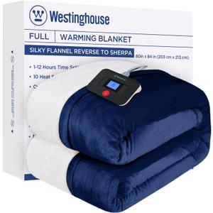 Westinghouse Electric Blanket Full, Heated Blanket Full Size with 10 Heating Levels and 1 to 12 Hours Heating Time Settings, Flannel to Sherpa Reversible, Machine Washable (80" x 84", Navy)