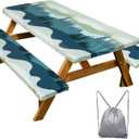 Picnic Table Cover with Bench Covers Camping Essentials Waterproof Windproof Camping Tablecloth with Drawstring Bag, Fitted Rectangle Tables and Seats, 72in, Green Blue
