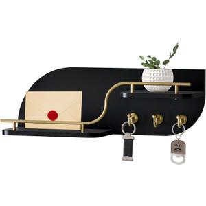 Key Holder for Wall, Decorative Key and Mail Organizer with 3 Metal Hooks and 2 Shelves, Wood Wall Mounted Key Rack for Entryway, Black