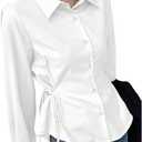 SweatyRocks Women's Button Down Long Sleeve Blouse Side Drawstring Shirt Work Business Tops (Medium, White)
