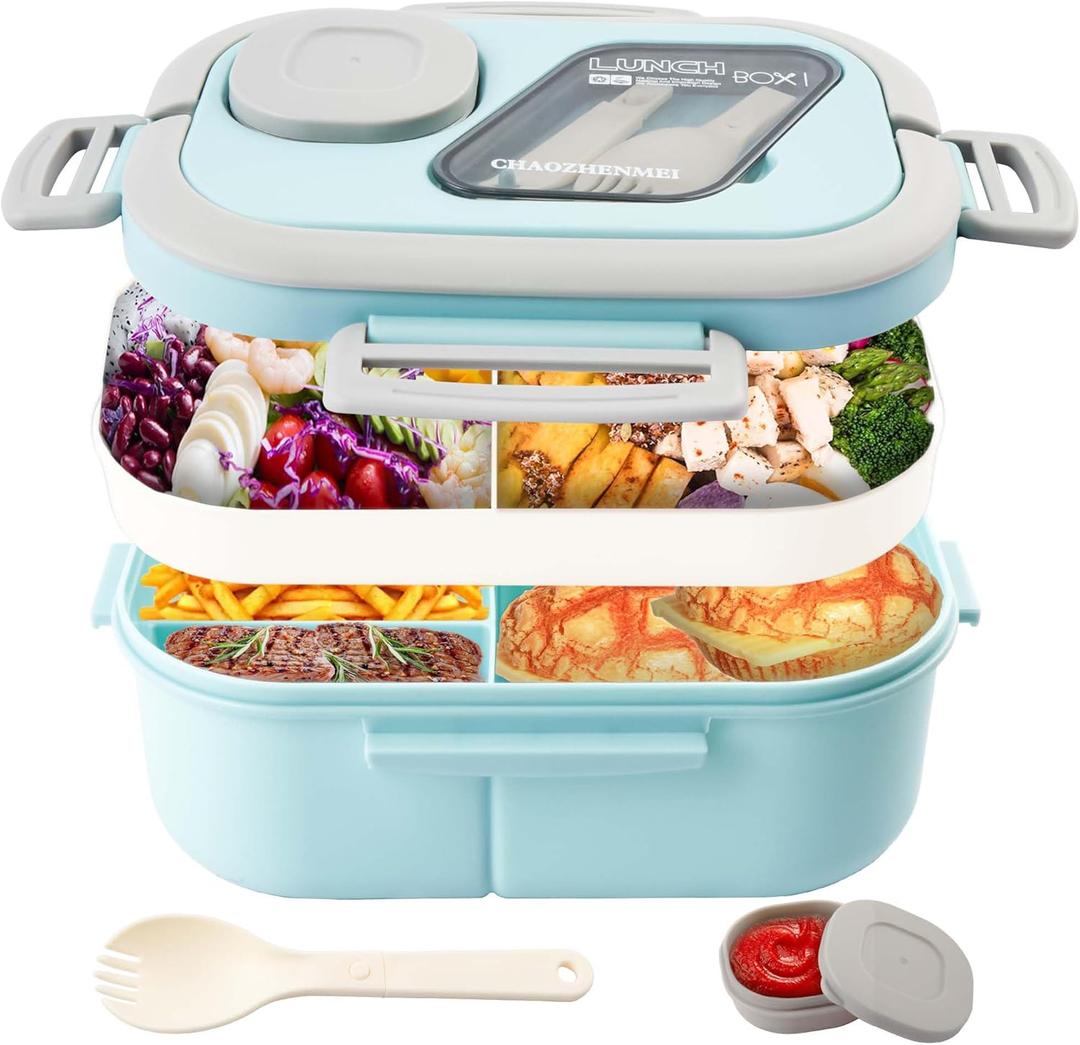 Adults Bento Lunch Box,Salad Container Large 43oz Salad Bowl, Bento-Style Tray for Toppings, 3oz Sauce Container for Dressings, and Built-In Reusable Fork (Green)