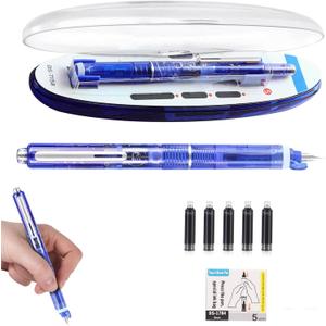 Protectivemethod Fountain Pen Retractable,0.38mm Blue&black Ink Transparent Barrel Includes 5 Refillable Ink Cartridges,Smooth Writing No Leaking Medium Nib Transparent Barrel