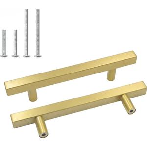 Goldenwarm 2 Pack Gold Cabinet Handles 4"(102mm) Brushed Brass Cabinet Pulls T Bar Drawer Pulls for Kitchen Cupboard & Drawer Hardware