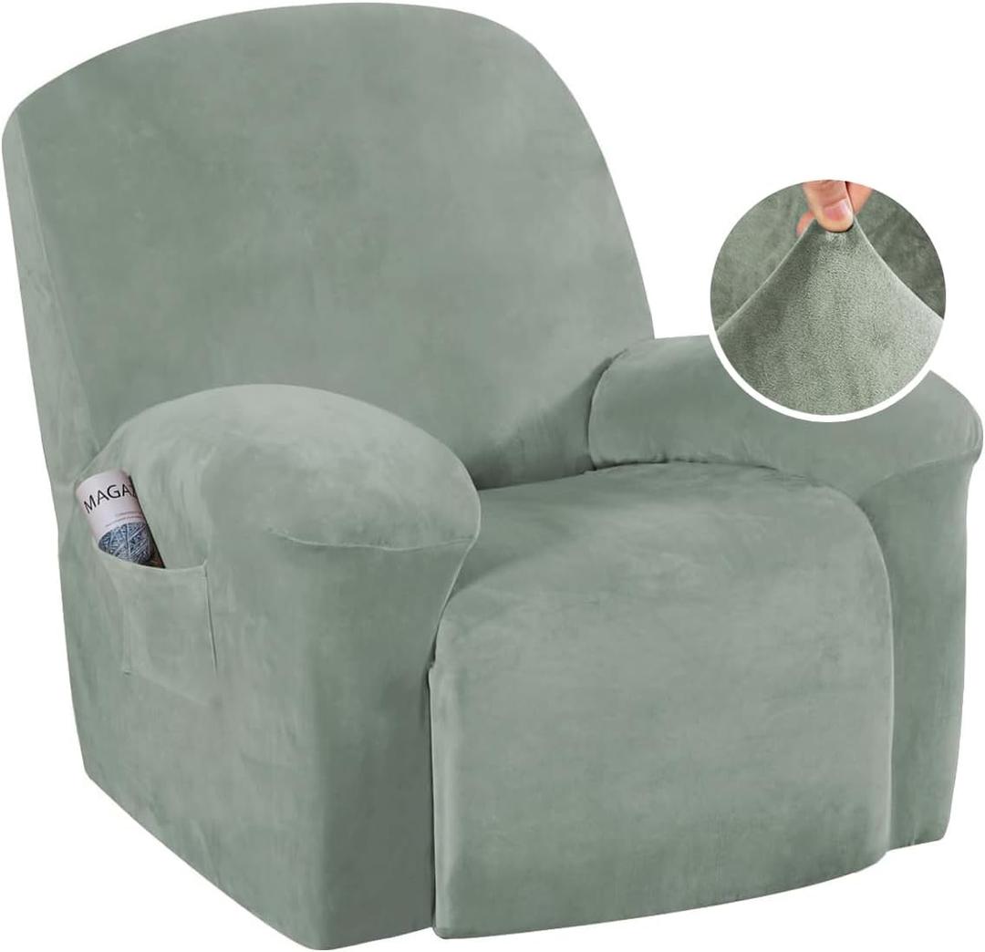 H.VERSAILTEX Recliner Chair Cover Velvet 1-Piece for Large Recliner, Soft Thick Luxury Furniture Protector with Elastic Bottom, Anti-Slip Foams Attached (Sea Grass, Large)