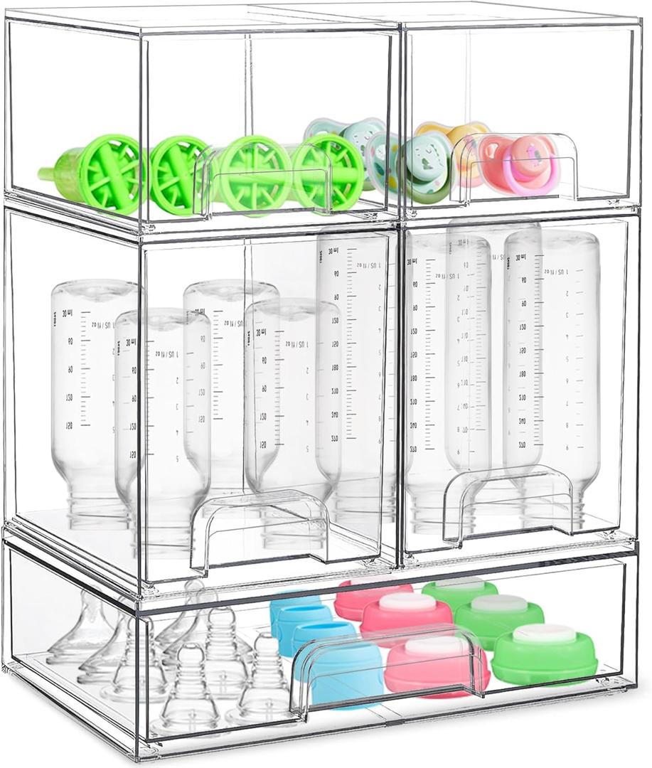 Baby Bottle Organizer for Countertop with Dust Protection, 5Pack Stackable Baby Organizers and Storage for Bottles, Clear Acrylic Container with Drawer for Kitchen, Cabinet, Vanity, Bathroom, Pantry