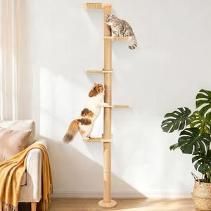 88.6" Wall-Mounted Cat Tree for Small & Medium Cats, Adjustable Height 5-Tier Tall Cat Climbing Tower with Scratching Post, Indoor Cat Wall Shelves for Climbing, Scratching & Lookout