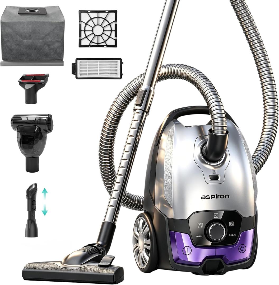 Aspiron Canister Vacuum,1700W/45KPA Bagged Vacuum Cleaner,Easy to Push
6QT Large Capacity,Auto Cord Rewind,HEPA Filter,Low Noise,8M Cleaning Radius,Variable Power Control,Hard Floor,Pet,Carpet