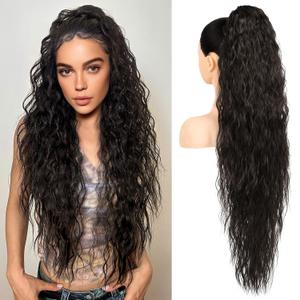 LONAI Ponytail Extension, 34" Long Wavy Drawstring Ponytail Extensions, DP001 Softer Lighter 80% Japanese Import Synthetic Clip in Hair Extensions Natural Looking Hairpiece for Women-Black Brown
