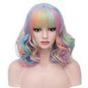 BERON Rainbow Wig Short Curly Wig Women Girl's Synthetic Wigs Rainbow Wigs with Bangs Hairnet Included