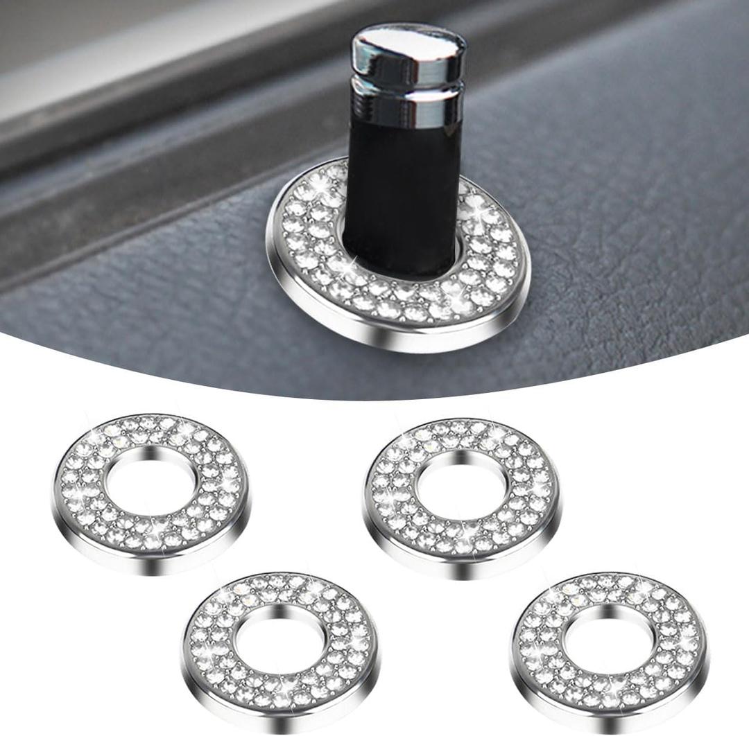ZIMISI 4PCS Bling Car Inner Door Lock Covers, Auto Pull Rod Bolt Decoration Stickers, Rhinestones Door Lock Pull Covers, Bling Car Accessories for Mercedes-Benz A/B/C/E Class GLC GLA GLK GLA (Silver)