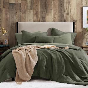 Geniospin California King Comforter Set - 7 Pieces Comforter King Size, Soft Solid Bedding Set for All Season, Textured Bed in a Bag with Sheets, Pillowcases & Shams (Dark Green,108''x92'')
