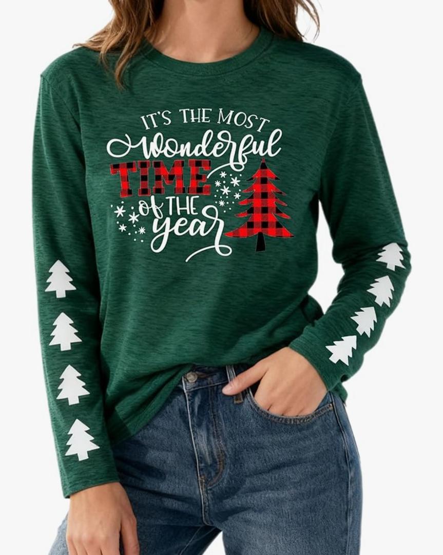 Christmas Shirts for Women Cute Christmas Tree Graphic Long Sleeve T Shirt Funny Holiday Xmas Top M