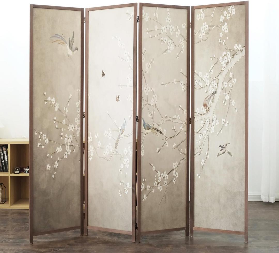 4 Panel Room Divider Screen,Double Faced Blackout Panel Divider Folding Panel Screen Divider for Room Separation,Plums and Birds,67" H x 63" W